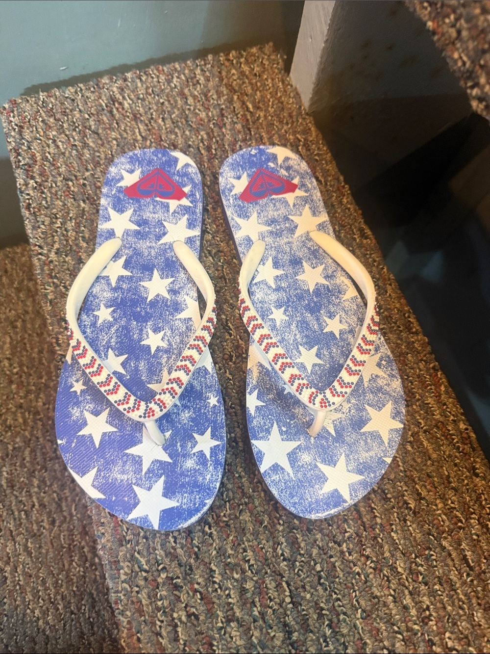 Roxy Blue & White Star Print Flip Flops with Red Accent